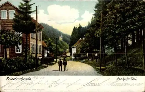 Ak Friedrichroda im Thüringer Wald, das kühle Tal, Straßenpartie, Wanderer, Zieher