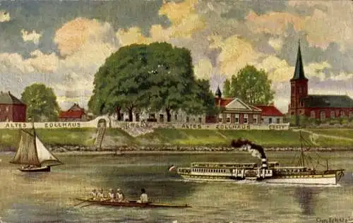 Künstler Ak Orsoy Rheinberg am Niederrhein, Altes Zollhaus, Dampfschiff, Ruderboot, Segelboot