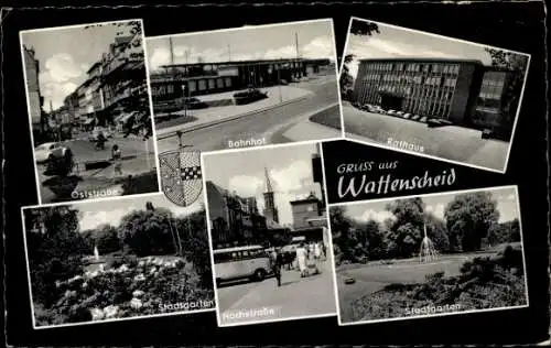 Ak Wattenscheid Bochum Ruhrgebiet, Bahnhof, Rathaus, Straßenpartie, Stadtgarten, Wappen