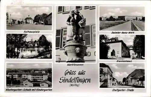 Ak Sindelfingen, Marktbrunnen, Rathausplatz, Daimler Benz Werk, Schule, Krankenhaus
