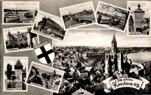Ak Konstanz am Bodensee, Rheinbrücke, Wappen, Hafen, Rathaus, Rheintor-Turm, Gesamtansicht