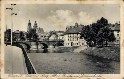 Ak Plauen im Vogtland, Elsterpartie, König Albert Brücke, Johanniskirche, Teilansicht vom Ort