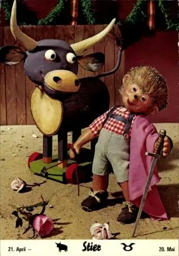 Ak Mecki der Igel, Sternzeichen Stier, Taurus, 21. April - 20. Mai, Igeljunge als Torero, Spielzeug
