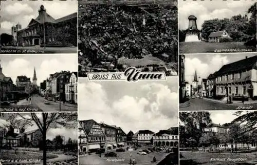 Ak Unna in Westfalen, Sparkasse, St. Katharina, Salzsiederhäuser, Altstadt, Marktplatz, Rathaus