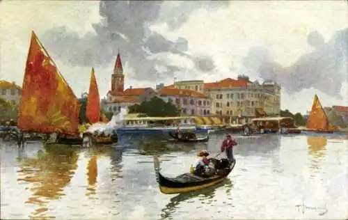 Künstler Ak Lido Veneto, Approdo S. Maria Elisabetta, Gondel vor der Stadt, Schiffe, Hafen, Gebäude