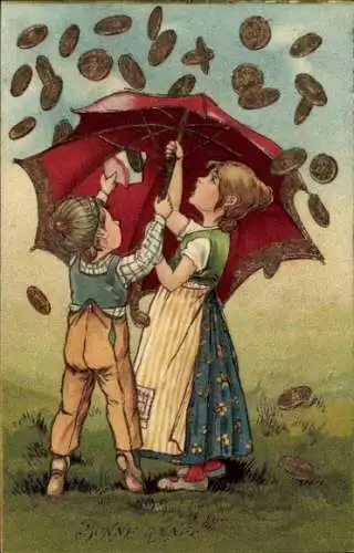 Präge Ak Glückwunsch Neujahr, Kinder unter einem Regenschirm, Geldregen