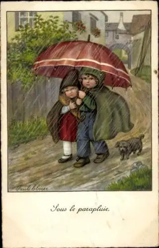 Künstler Ak Ebner, P., Kinder unter einem Regenschirm, Hund, Regnerisches Wetter