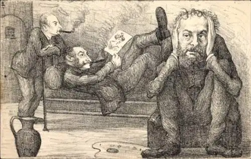 Künstler Ak Orens, Maller und rauchende Männer, Dreyfus Affäre ?, Gefängnis