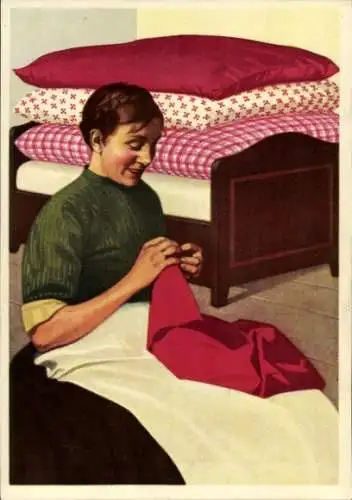 Künstler Ak Frau, Federbetten, Reklame, Indanthren