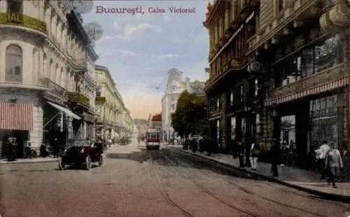 Ak București Bukarest Rumänien, Calea Victoriei, Straßenbahn