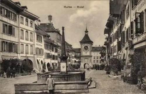 Ak Morat Murten Kanton Freiburg, Straßenpartie, Brunnen