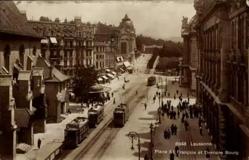 Ak Lausanne Kanton Waadt, Place St. Francois et Derriere Bourg, Straßenbahnen