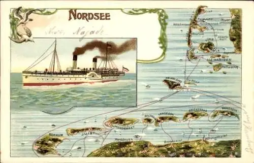 Landkarten Litho Helgoland in Schleswig Holstein, Dampfschiff, Langeoog, Spiekeroog, Wangeroog