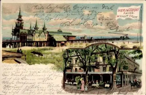 Litho Ostseebad Heringsdorf auf Usedom, Kaiser Wilhelm-Brücke, Hotel