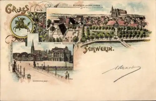 Litho Schwerin in Mecklenburg, Dom, Theater, Gesamtansicht