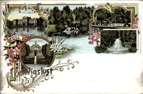 Litho Ludwigslust in Mecklenburg, Schloss, Kirche, Schlossgarten