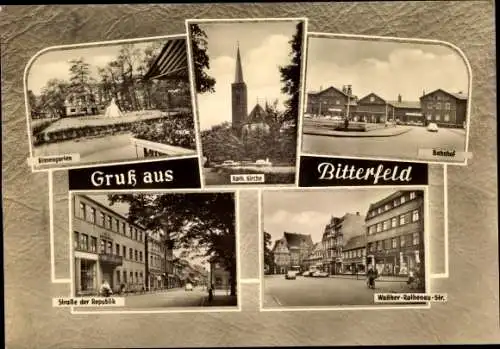 Ak Bitterfeld in Sachsen Anhalt, Walther Rathenau-Straße, Bahnhof, Straße der Republik, kath. Kirche