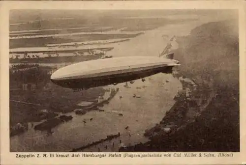 Ak Luftschiff LZ 126 Zeppelin ZR III, Hamburger Hafen, Fliegeraufnahme, Deutschlandfahrt 1924