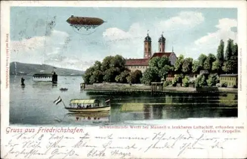 Ak Friedrichshafen am Bodensee, Schwimmende Werft bei Manzell, Luftschiff, Zeppelin LZ 1