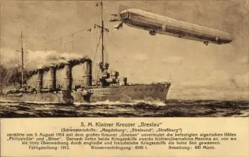 Ak Deutsches Kriegsschiff, SMS Breslau, Kleiner Kreuzer, Marineluftschiff, Kaiserliche Marine