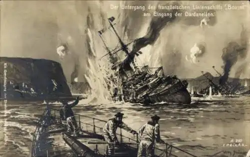 Künstler Ak Stöwer, Willy, Untergang des französischen Linienschiffs Bouvet, Eingang der Dardanellen