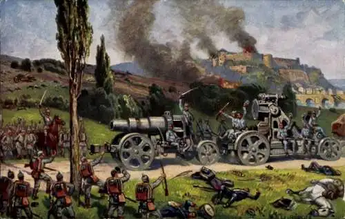 Künstler Ak Bürger, Namur, Fort Malonne, Leutnant Otto von der Linde, schwerer Mörser, 1914
