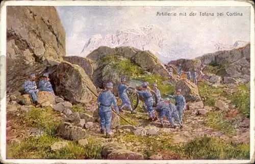 Künstler Ak Kuk Armee im Alpenkrieg, Artillerie mit der Tofana bei Cortina