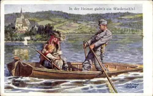 Künstler Ak Marr, Gustav, In der Heimat gibt's ein Wiedersehn, Kuk-Soldat mit Familie, Boot