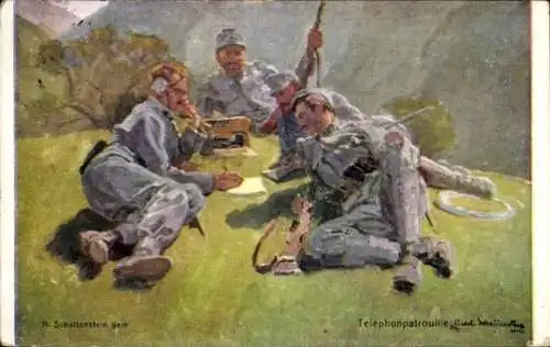 Künstler Ak Schattenstein, N., KuK Armee, Telephonpatrouille, Feldtelefon, Alpenkrieg