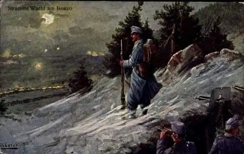 Künstler Ak Slowenien, Stramme Wacht am Isonzo, KuK Soldaten in Uniform, Schlacht, I. WK