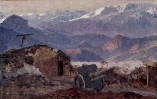 Künstler Ak Schuster, Karl, Kuk Armee im Alpenkrieg, Artilleriestellung im Suganatal