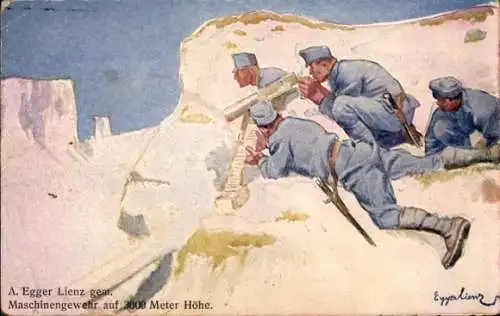 Künstler Ak Egger Lienz, A., Kuk Armee, Alpenkrieg, Maschinengewehr auf 3000 Meter Höhe