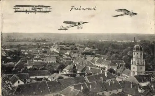 Ak Fischamend Niederösterreich, Flugzeuge über der Stadt, Kuk Luftstreitkräfte