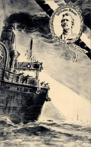 Künstler Ak Deutsches Unterseeboot hält Handelsdampfer an, Wilhelm Bauer, Erfinder des U-Boots