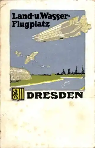 Künstler Ak Dresden Klotzsche, Flughafen, Land- und Wasser-Flugplatz, Luftschiff, Flugzeug