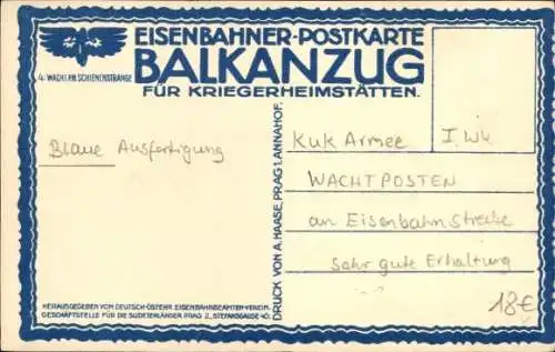 Künstler Ak Eisenbahner-Postkarte Balkanzug, Wacht am Schienenstrang, Kuk-Armee, blaue Ausfertigung