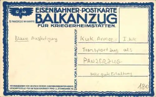 Künstler Ak Eisenbahner-Postkarte Balkanzug, Panzerzug im Kampf, Kuk-Armee, blaue Ausfertigung