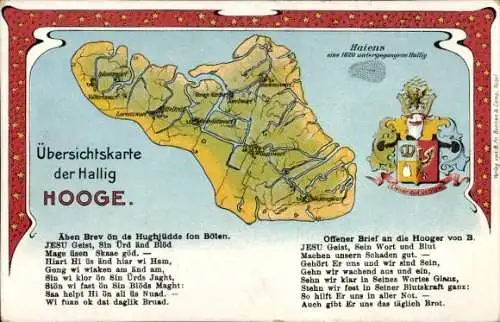 Landkarten Ak Hallig Hooge in Nordfriesland, Übersichtskarte der Hallig, Wappen, Reim