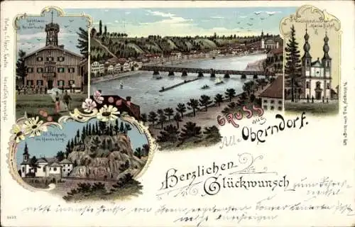 Litho Oberndorf bei Salzburg Österreich, Wallfahrtskirche, Haunsberg, Brücke, Gesamtansicht