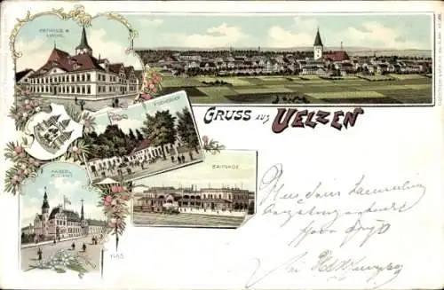 Litho Uelzen in Niedersachsen, Gesamtansicht, Bahnhof, Rathaus, Kirche, Kaiserliches Postamt