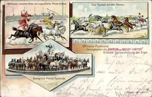 Litho Zirkus, Barnum and Bailey Ltd, Tandem Hürden Rennen, römische Reiter, Pferdepyramide