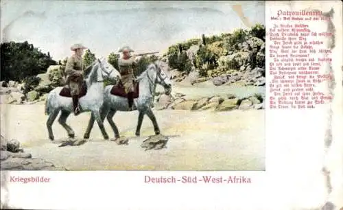Ak Namibia, Deutsch Südwestafrika, Deutsche Kolonie, Patrouillenritt bei Sedan, Gedicht, color