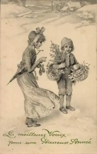 Ak Glückwunsch Neujahr, Kinder, Tannenbaum, Mistelzweige, Körbe