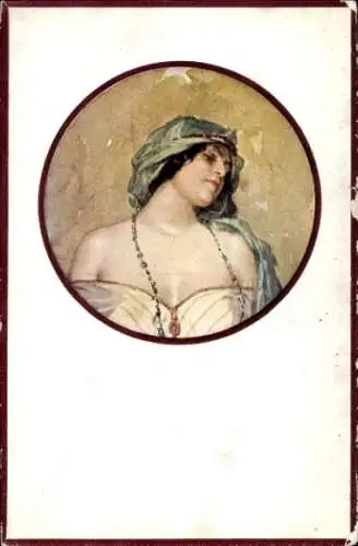 Ak Frau mit geschlossenem Augen, Portrait, Schmuck