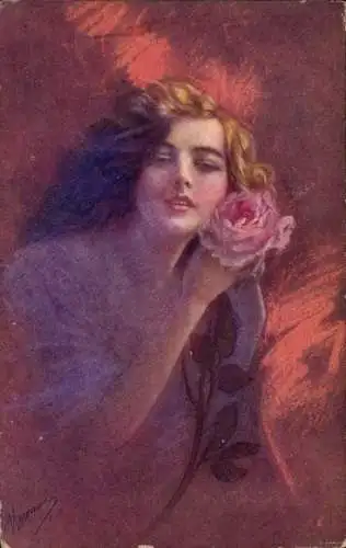 Künstler Ak Junge Frau, Portrait, Rose