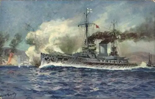 Künstler Ak Bohrdt, Deutsches Kriegsschiff, SMS Goeben, Linienschiff, SMS Breslau, kleiner Kreuzer