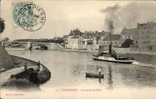 Ak Compiègne Oise, Les bords de l'Oise, Dampfer