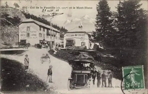 Ak Col de la Faucille Ain, Hotel de la Faucille et le Mont Blanc, voiture