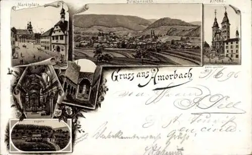 Litho Amorbach im Odenwald Unterfranken, Marktplatz, Kirche, Kapelle