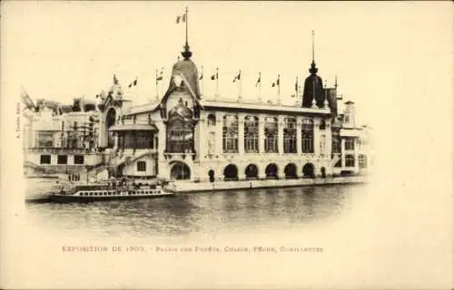 AK Paris Frankreich, Ausstellung von 1900, Palais des Forets, Jagen, Angeln, Sammeln